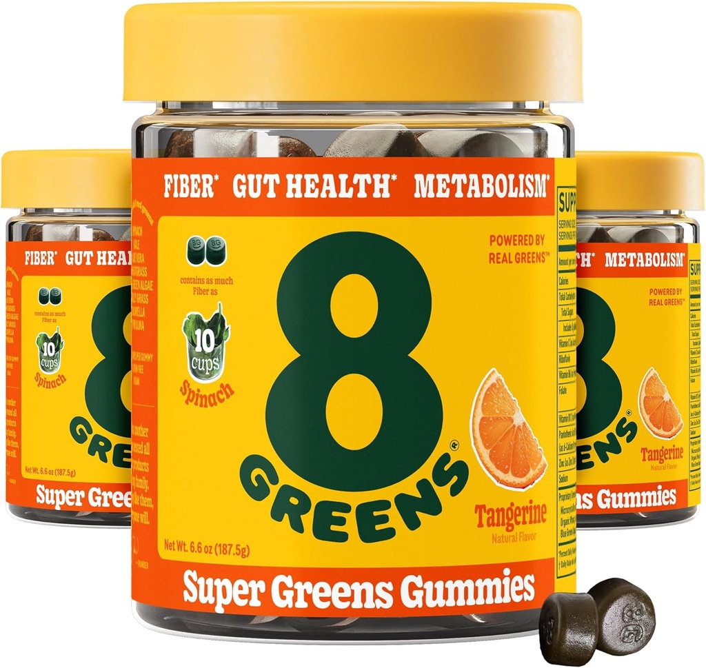 8Greens Daily Fiber Super Greens Gummies - Tangerine Flavor: Ενισχύστε το ανοσοποιητικό σύστημα & Digestive Health with 8 Real Greens - Μη-GMO Formula, Chewables, 50 Gummies, Pack of 3