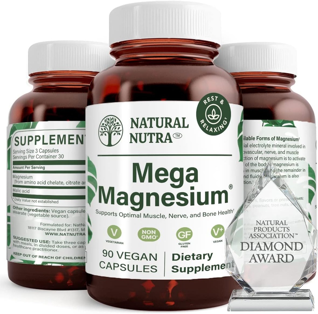 Natural Nutra Mega Magnesium 400mg Supplement - Υψηλή Απορρόφηση Χηλικό Αμινοξύ, Κιτρικό, Μείγμα Ελαχίστης για την ανάπτυξη των μυών, Δύναμη των οστών, Υγεία της καρδιάς, Νεύρο Υποστήριξη - 90 Κάψουλες (Pack of 2)
