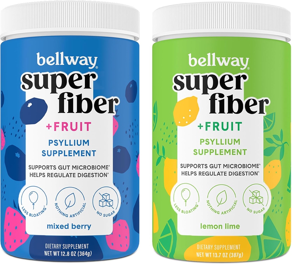 Bellway Super Fiber Powder + Φρούτα, Ζάχαρη χωρίς οργανικό Psyllium Husk Powder Fiber Supplement for Regularity, Bloating Relief & Gut Health, Non-GMO, Mixed Berry & Lemon Lime