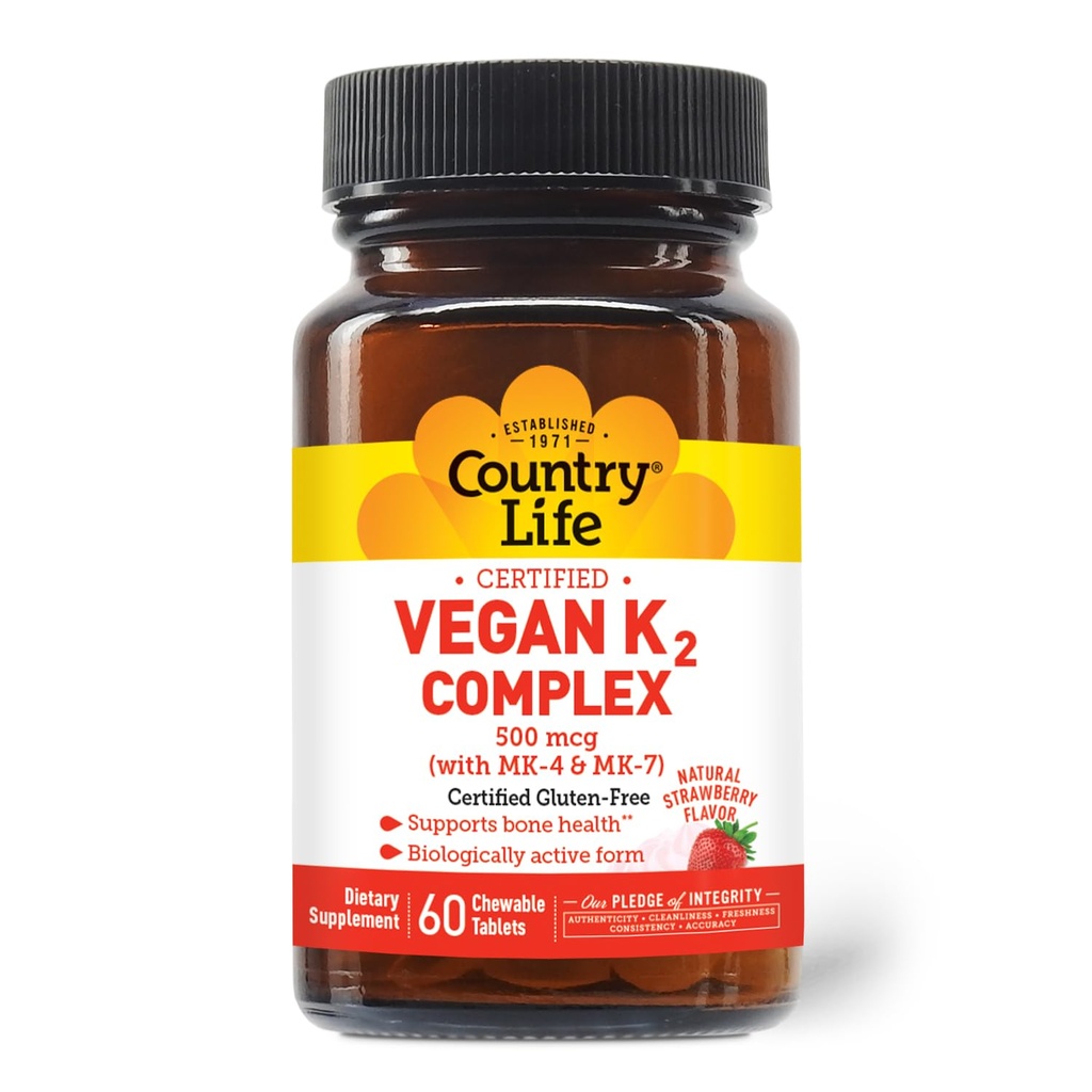 Country Life® Vegan K2-500 mcg, 60 Ct. Μασώμενα δισκία. Φράουλα Γεύση - Πιστοποιημένο χωρίς γλουτένη - Πιστοποιημένο Vegan από την AVA – για την υποστήριξη της υγείας των οστών