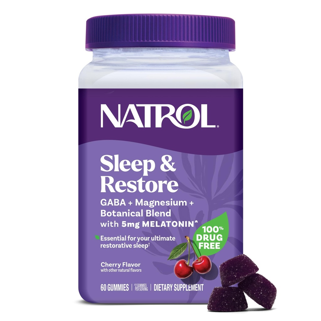 Natrol Ύπνος + Επαναφορά Γλυκινικό Μαγνήσιο Glycinate Gummys με Μελατονίνη 5mg - Ήρεμο Μαγνήσιο με GABA, Βοτανική Blend, Cherry Γεύση, 60 Gummies