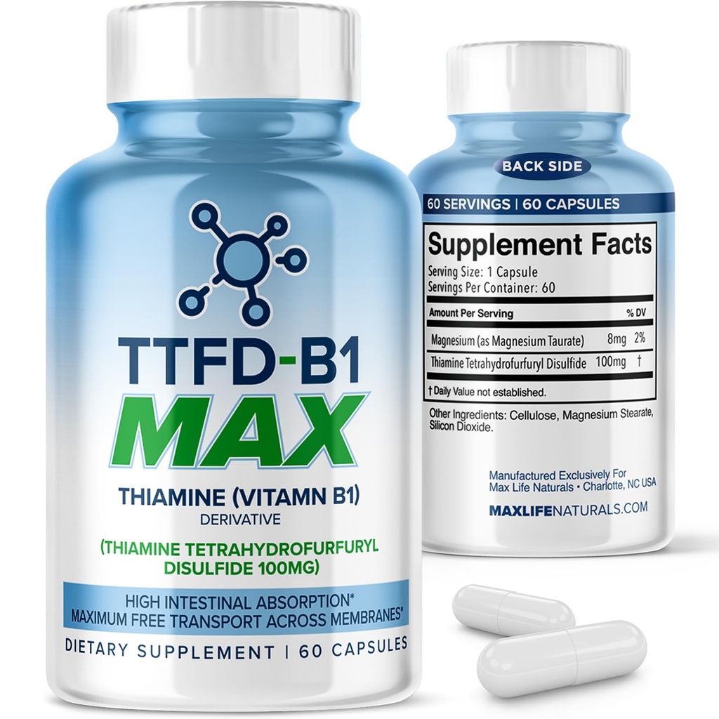 MaxLife Naturals TTFD Thiamine B1 Supplement – 60 Capsules, High Potency Vitamin B1 Thiamine Supplement for Focus, Supports Optimal Nerve Function, TTFD-B1 Max Formula with Magnesium, Made in USA