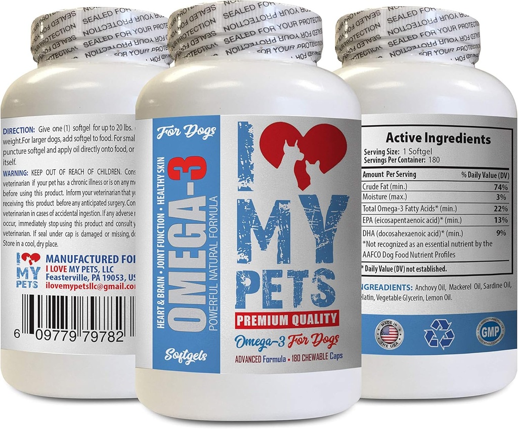 ΑΓΑΠΩ ΤΟ PETS LLC συμπλήρωμα πρωτεΐνης σκύλου - Ωμέγα 3 ιχθυέλαιο για σκύλους - Προηγμένη ποιότητα Premium - epa για σκύλους - 180 Softgels (1 μπουκάλι)