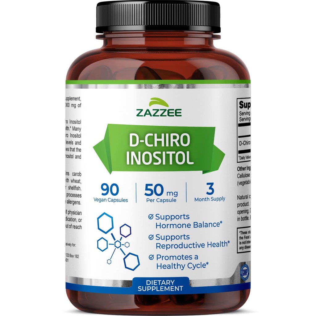 Zazzee D- Chiro- Ινοσιτόλη, 50 mg ανά καψάκιο, 90 κάψουλες Vegan, Ιδανική Δοσολογία για 40:1 Λόγος με Myo-Inositol, 3 μήνες προσφοράς, 100% χορτοφάγους, μη ΓΤΟ