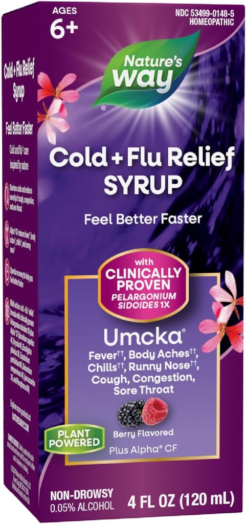Τρόπος της φύσης Ψυχρό+Flu Relief Syrup, Umcka, Πυρετός*, Πονηρό Λαρύγγι, Βήχας, Συμφόρηση, Σωματικό Άχη*, Ομοιοπαθητικά, Φαινυλεφρίνη Χωρίς, 0,05% Αλκοόλ, Berry Γεύση, 4 Fl Oz (Packaging May Vary)