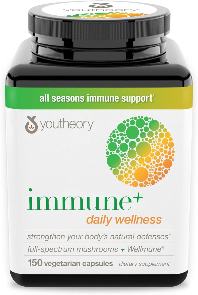 Youtheory Immune+ Daily Wellness- Βιολογικά Μανιτάρια-Βήτα Γλυκάνη- Βιταμίνη C, D3 & Ψευδάργυρος 150 Χορτοφαγικά Καπάκια