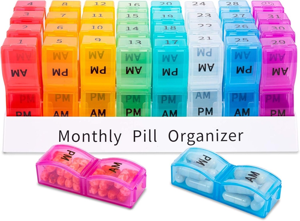 Asprink Monthly Pill Organizer 2 φορές την ημέρα, 30 ημέρα ένα μήνα Χάπια κουτί AM PM, 31 ημέρα Χάπια υπόθεση μικρά διαμερίσματα για να κρατήσει βιταμίνες, ταξιδιωτική ιατρική Organizer, 31 ημέρα χάπια διοργανωτής δύο φορές την ημέρα