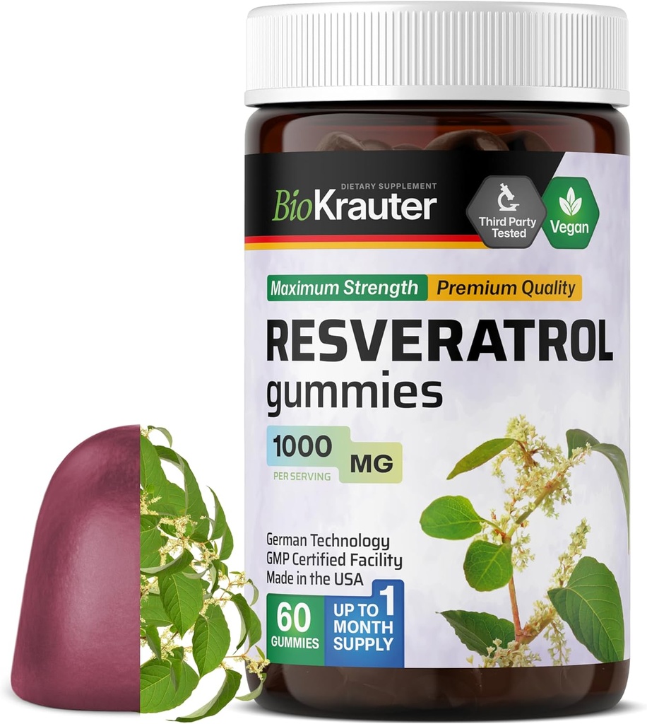 BIO KRAUTER Resveratrol Gummies - 1000 mg Δύναμη - 60 Vegan Chews - 98% Pure Trans Resveratrol συμπλήρωμα - Αντιοξειδωτική υποστήριξη