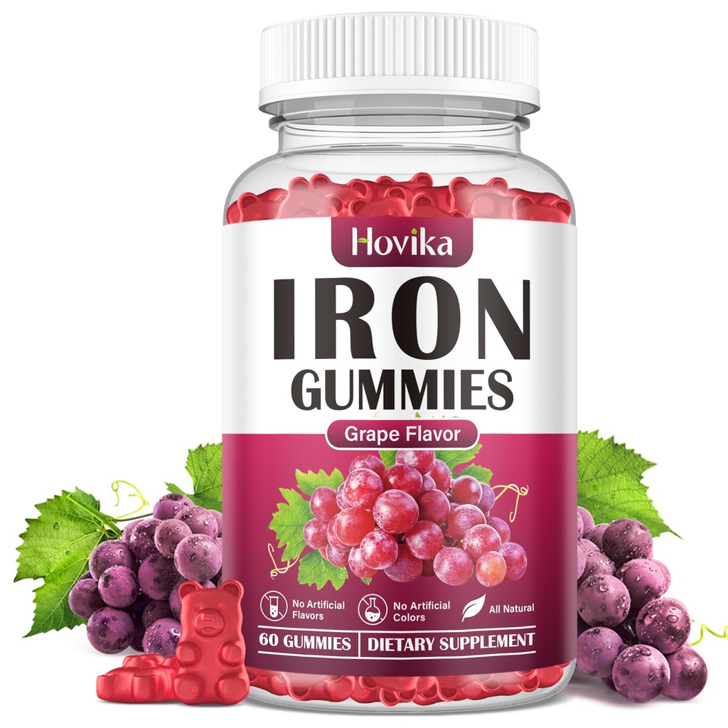 Iron Gummies συμπλήρωμα για γυναίκες & άνδρες, συμπληρώματα σιδήρου για αναιμία με βιταμίνη C, B12, Folate-Blood Builder & Energy Support for Iron Deficiency-Grape Flavor, Vegan, 60 Gummies