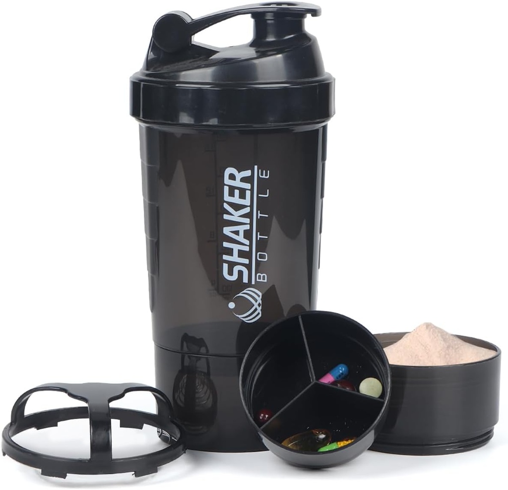 Σακάκι πρωτεΐνης μπουκάλι, 16 oz Shake Κύπελλο για σκόνη πρωτεΐνης με αποθήκευση, Αθλητικό μπουκάλι νερού,Non Slip 3 Στρώμα Twist Off 3oz Κύπελλα με μπουκάλια Pill Tray Leak Proof Shake για μείγματα πρωτεϊνών