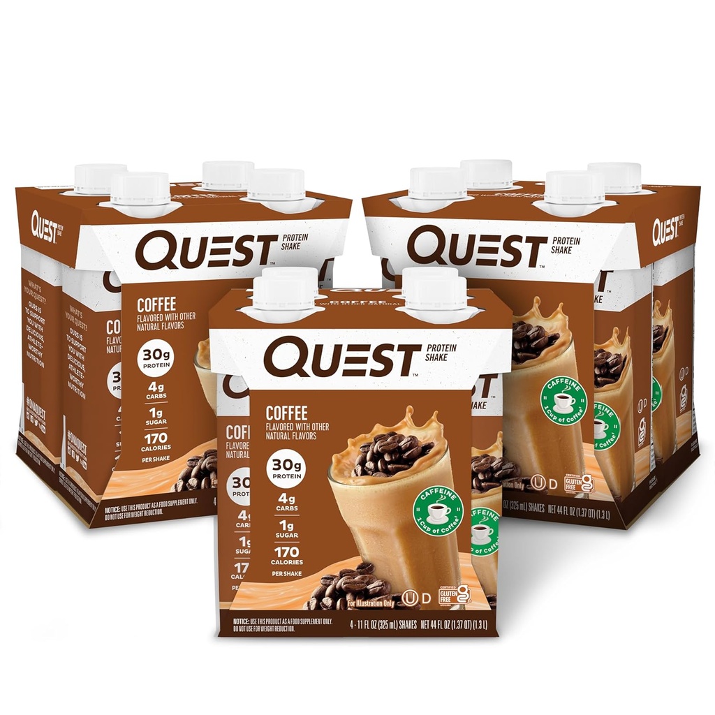 Quest Διατροφή έτοιμη να πιει πρωτεΐνη καφέ Shake, 30g πρωτεΐνη, 4g υδατανθράκων, 1g ζάχαρη, χωρίς γλουτένη, Keto φιλικό, 4 Count (πακέτο των 3)