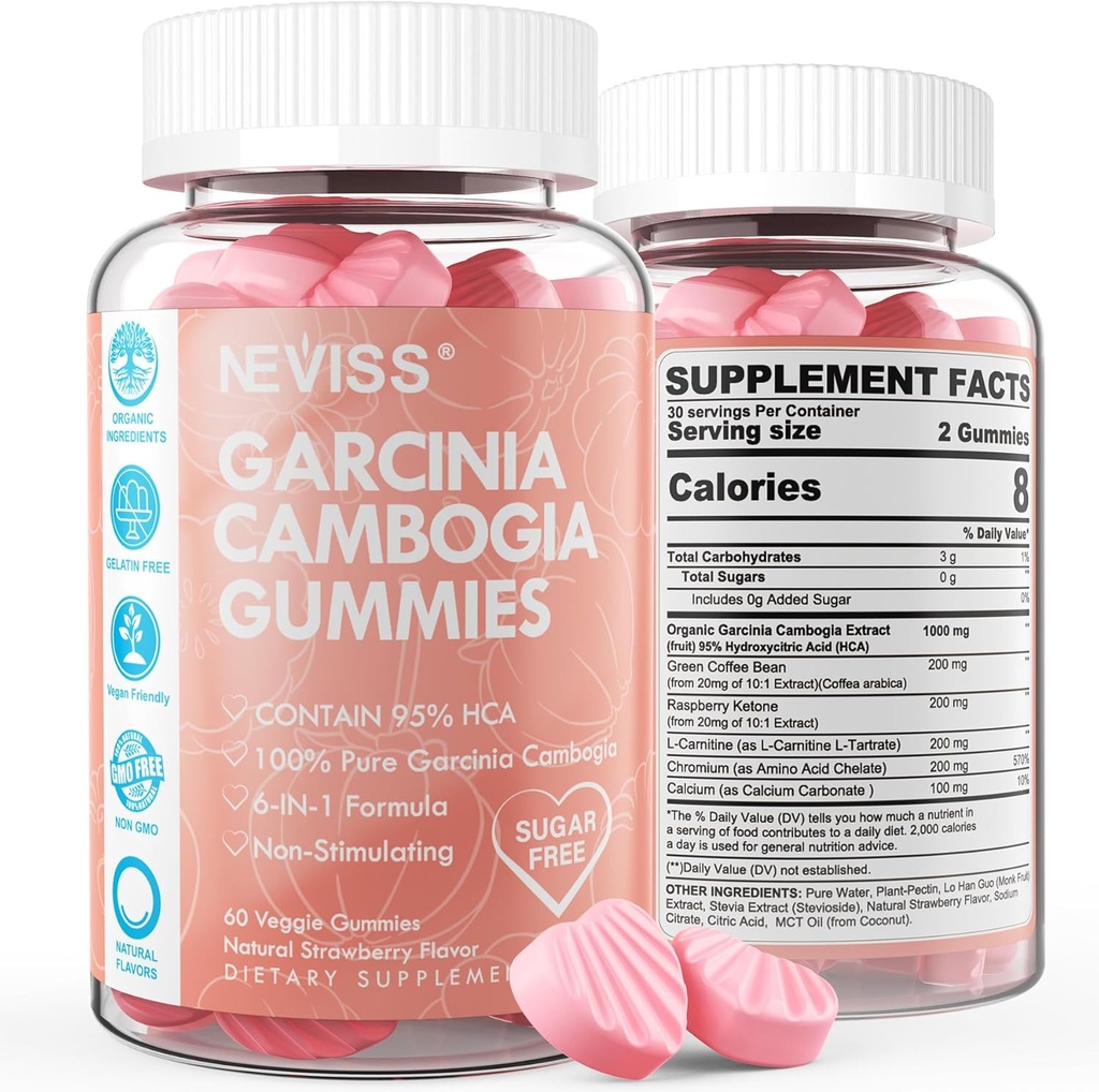 Χωρίς ζάχαρη Garcinia Cambogia Gummies 1000mg 95% HCA με L-καρνιτίνη, Raspberry Ketone, Chromium, Πράσινο Coffee Bean για Μεταβολισμό, Energy Boost, 100% Βιολογικό εκχύλισμα, Vegan, Φράουλα Γεύση 120 κοχ