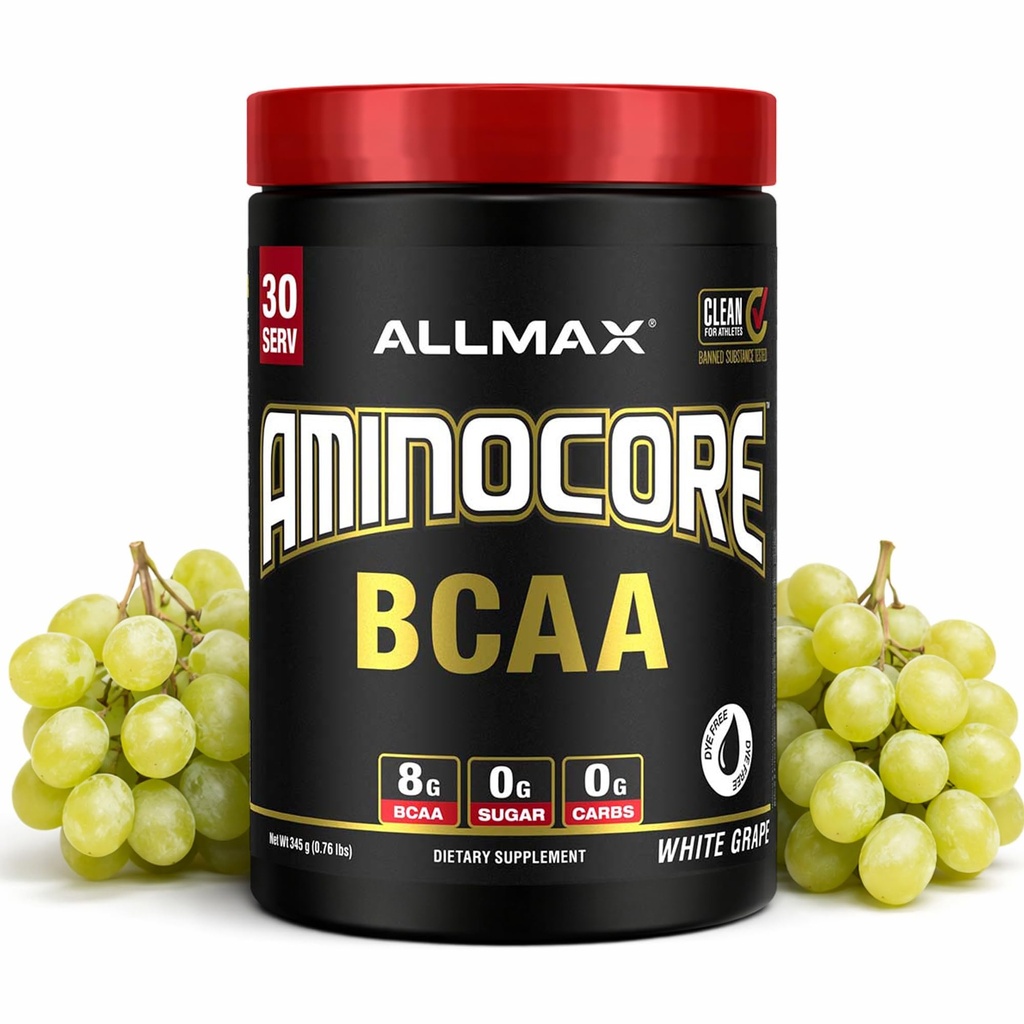 ALLMAX Διατροφή AMINOCORE BCAA Σκόνη, 8,18 γραμμάρια αμινοξέων, Ενδο- και μετά την προπόνηση Recovery Drink, Χωρίς γλουτένη, Λευκό Σταφύλι, 315 g