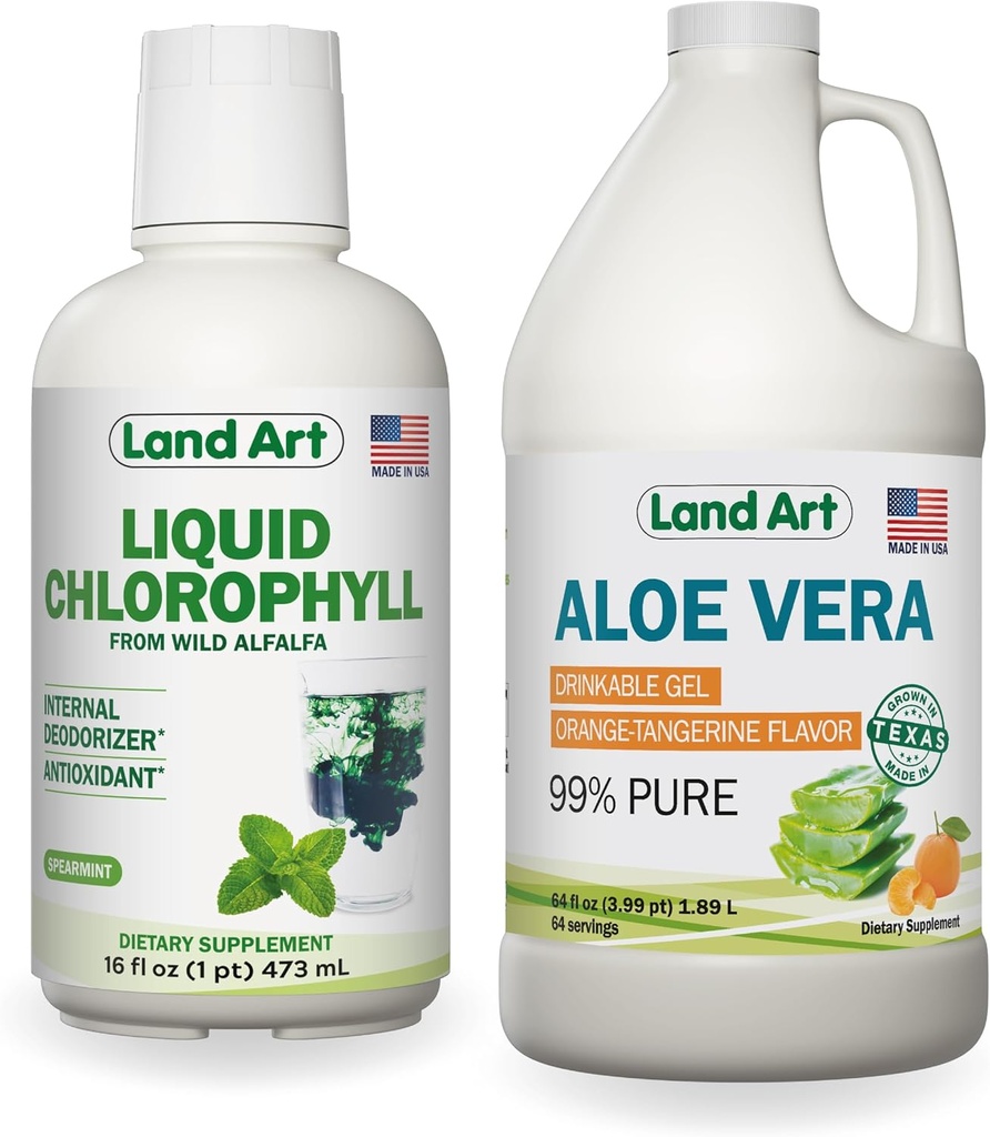 Άρση γης Aloe Vera Ποτό Gel - Πορτοκαλί Tangerine Γεύση - Ψυχρής παραγωγής - Βιολογικά Φρέσκα Φύλλα - 64floz + Υγρό Chlorophyl Mint Γεύση - Ψυχρό εκχύλισμα από Wild Non-GMO Alfalfa - 16floz