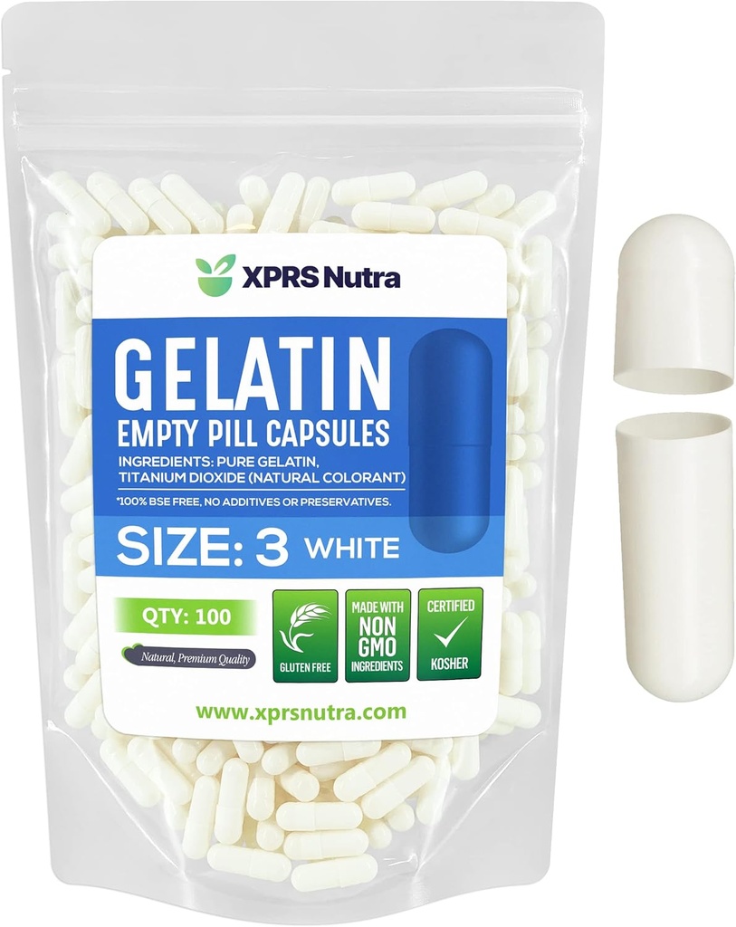 XPRS Nutra Size 3 Empty Capses - 100 Count Empty Gelatin Capses - Χάπια DIY Capsule Filling - Καθαρά Καπάκια για Χάπια Βοοειδών Γέμισμα Βιταμίνες και Συμπληρώματα (Λευκά)