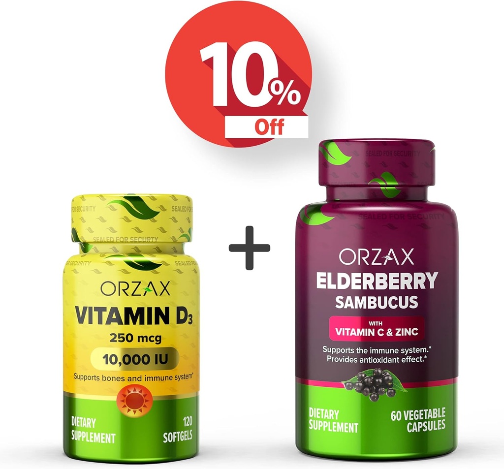 ORZAX Βιταμίνη D3 10000 eu Κάψουλες Elderberry, 2000mg Sambucus, Bundle