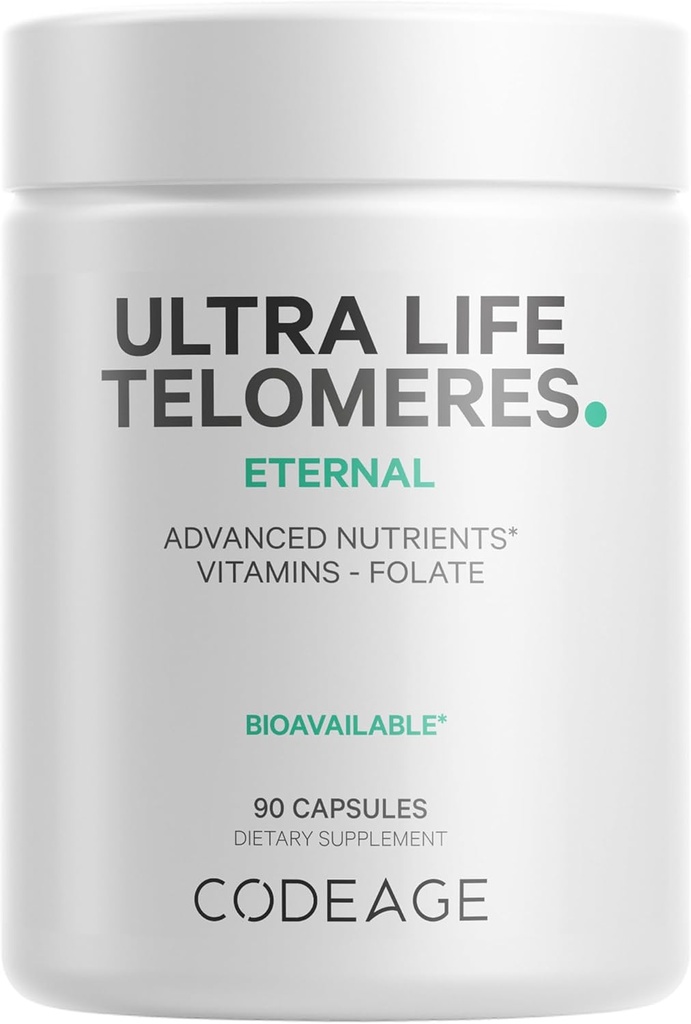 Codeage Ultra Life Telomeres Supplement - 5 MTHF Folate Vitamin B9, Βιταμίνη Β12 Methylcobalamin, Βιταμίνη D3, L-Θεανίνη, Ashwagandha - 3-Month Supply - DNA, Κύκλος μεθυλίωσης - Μη ΓΤΟ - 90 Κάψουλες