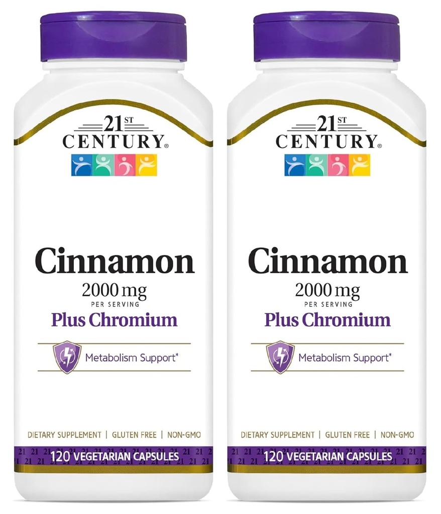 21st Century Cinnamon 2000 mg ανά υπηρεσία Plus Chromium Vegetarian Caps 120 Count - Pack of 2