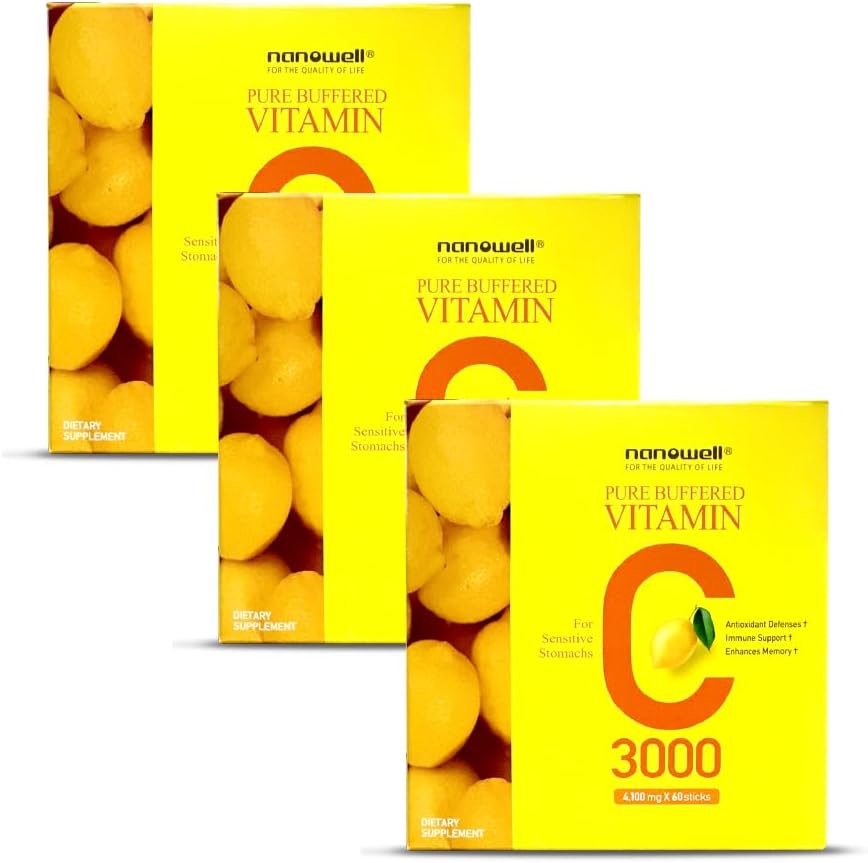 NANOWELL Pure Buffered Vitamin C 3000 mg ανά Σερβίρισμα, Συμπλήρωμα διατροφής για την υποστήριξη του ανοσοποιητικού - 60 Sticks x 3 Κουτιά, 6 Μήνες Προσφορά (180 Count)
