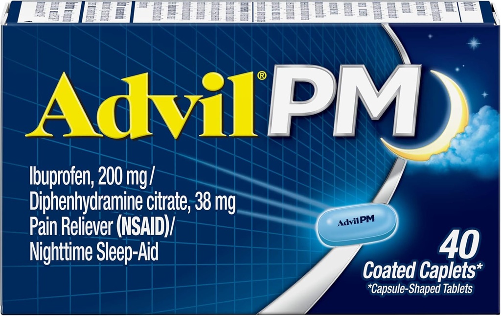 Advil PM (40 Count, Pack of 2) Πόνος Reliever / Νυχτερινή βοήθεια ύπνου Επικαλυμμένο Caplet, 200mg Ibuprofen και 38mg διφαινυδραμίνη Κιτρική