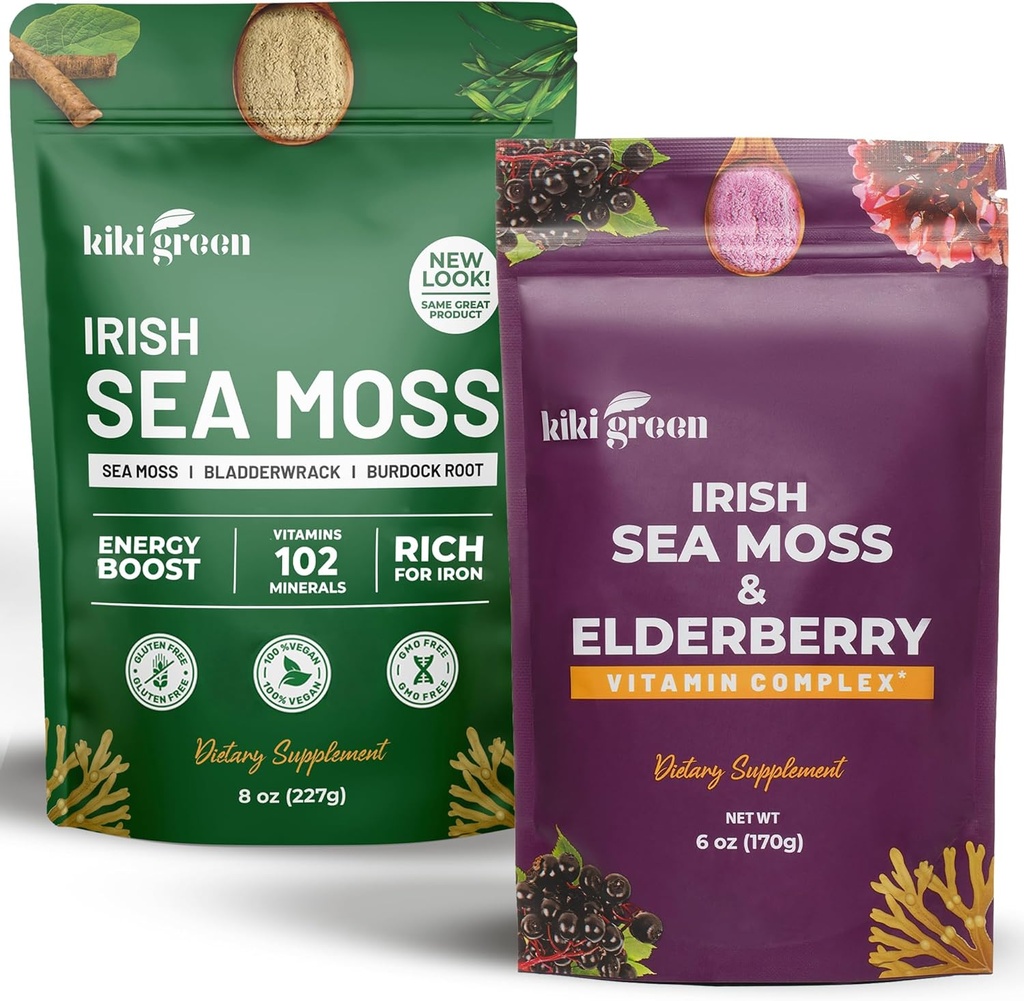 KIKI Green Sea Moss Powder Bundle - Immune Support Superfood Complex 8 oz, 6 oz - Raw Sea Moss, Burdock Root, Bladderwrack, Elderberry Extract - for Immunity Boost, Energy & Health Support