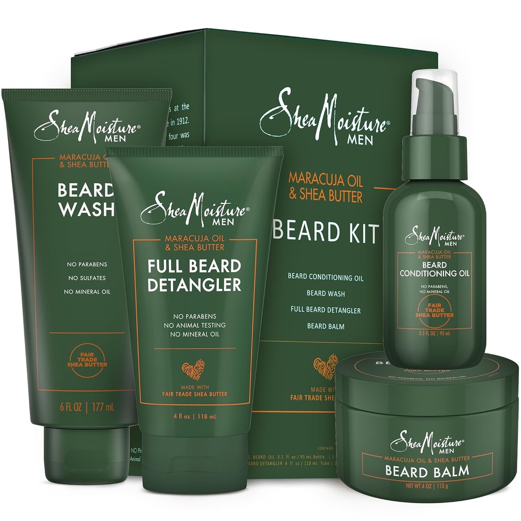 SheaMoisture Beard-Care Kit για τους άνδρες, περιλαμβάνει πλύσιμο, βάλσαμο, λάδι, conditioner, φυσικό βούτυρο καριτέ & λάδι Maracuja, μεγάλο δώρο