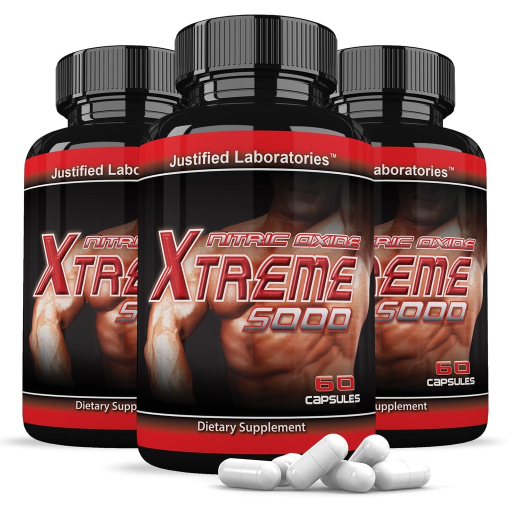 Justified Laboratories Nitric Oxide Xtreme 5000 - Men’s Health Supplement with L-Arginine for Strength, Stamina & Performance - 60 Capsules (Pack of 3)