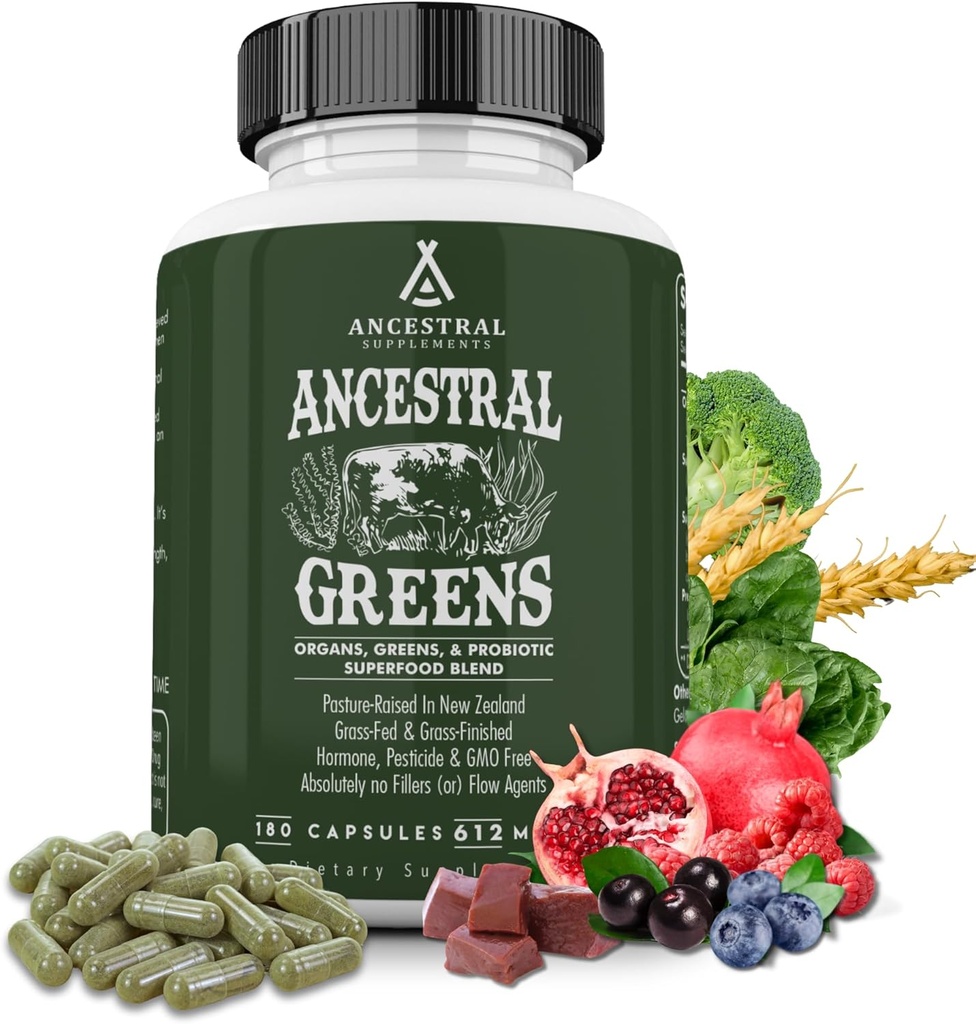 Ancestral Supplements Greens Powder Capsules, Organic Superfood Greens & Reds Blend with Spirulina, Chlorella, Grass Fed Beef Organs, and Probiotics for Gut Health, Non GMO, 612mg Each, 180 Count