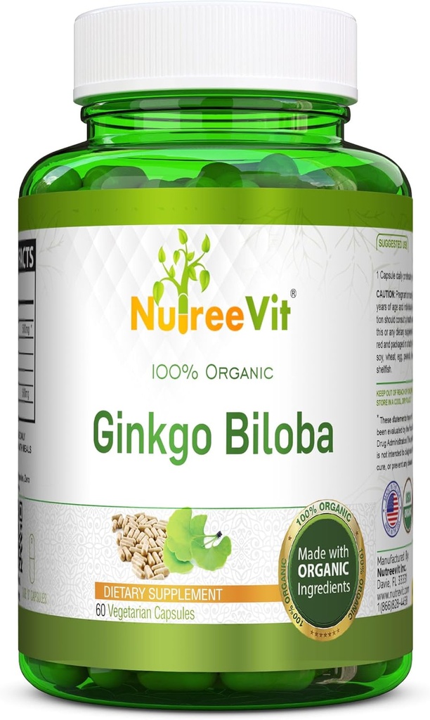 NutreeVit 100% Βιολογικές κάψουλες Ginkgo Biloba - Υποστηρίζει την υγεία του εγκεφάλου, τη διανοητική εγρήγορση, την κυκλοφορία, και αυξάνει τη μνήμη - οργανικό αντιοξειδωτικό - 100 μπουκάλι κόμη