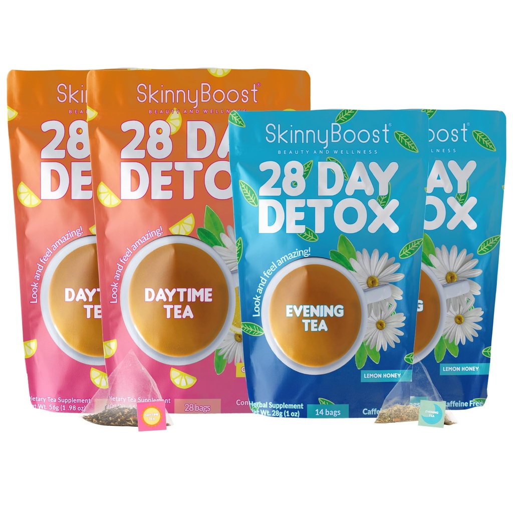Skinny Boost Detox Τσάι σετ – 4 PACK - 2 Τσάια Ημέρας (56 Τσάι) 2 Τσάι βράδυ (28 Τσάι) – Herbal Detox για το βάρος, το μεταβολισμό, την ενέργεια, Bloating & Cleanse Κολώνα – Πράσινο Τσάι, Vegan, Keto, Μη-ΓΤΟ, Ζάχαρη-ελεύθερο