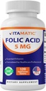 Vitamatic Folic Acid 5mg (5000 mcg) – 120 χορτοφαγικά δισκία Υψηλής Ικανότητας Βιταμίνης B9 (Folate) για Κυτταρική Υγεία, Υποστήριξη Καρδιάς & Προγεννητική Φροντίδα