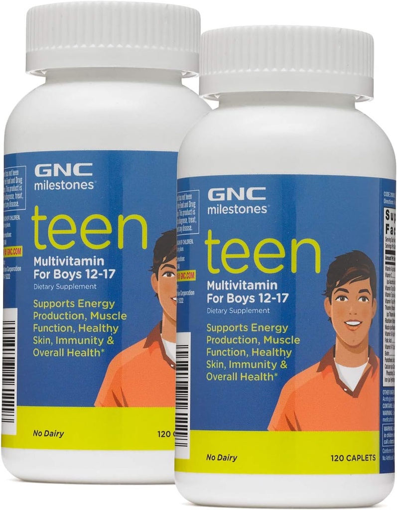 GNC Milestones Teen Multivitamin for Boys 12-17, Twin Pack, 120 Caplets per Bottle, Supports Energy Production and Muscle Function