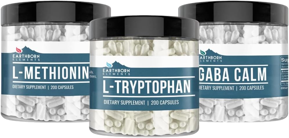 Earthborn Στοιχεία L-Tryptophan, L-Μεθειονίνη, και GABA Bundle, 200 κάψουλες κάθε, καθαρό & μη αραιωμένο