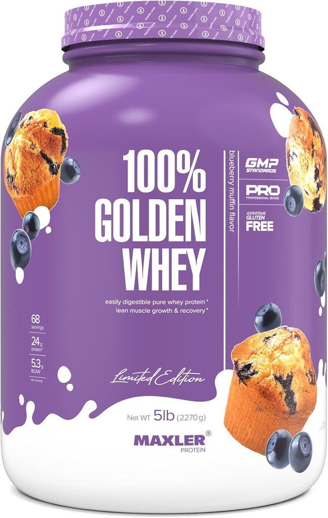 Maxler 100% Golden Whey Protein - 24g of Protein per Serving - Premium Whey Protein Powder for Pre Post Workout - Fast-Absorbing Whey Concentrate, Isolate & Hydrolysate Blend - Blueberry Muffin 5 lb