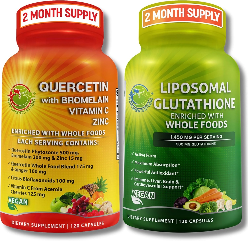 Immune & Cellular Support Bundle – Liposomal Glutathione 500mg with Whole Foods & Quercetin with Bromelain, Vitamin C, and Zinc Whole Food Complex – Vegan, Non-GMO, Clean Daily Wellness Support