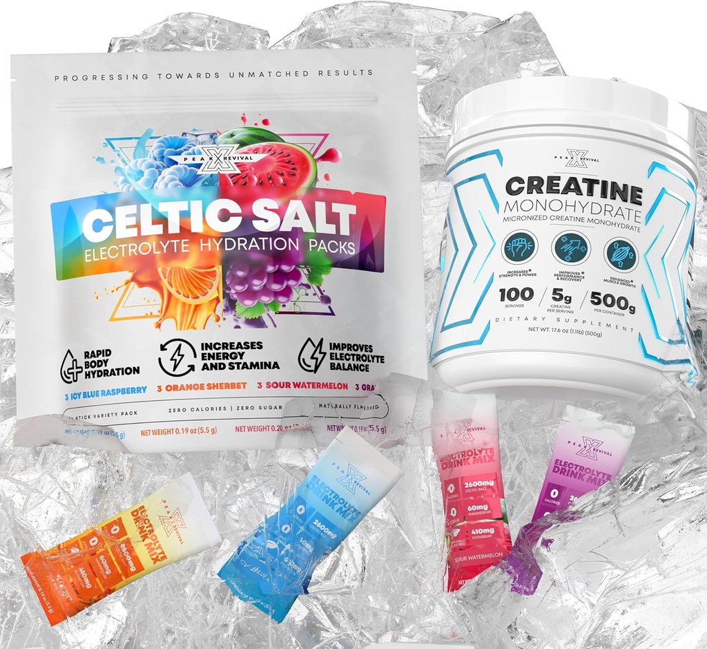 Micronized Creatine Monohydrate Powder + Electrolytes Powder Packets - Celtic Salt Variety Pack (12 Packets)