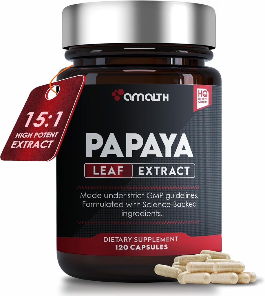 Papaya Leaf Extract Digestive Enzymes 1000mg, 10x Potency 120 Veg Κάψουλες- Αιμοπετάλια, Μυελό των Οστών & Σπλήνα Υποστήριξη, Digestive και Ανοσία Υποστήριξη Αναπτύχθηκε στις ΗΠΑ από Amalth