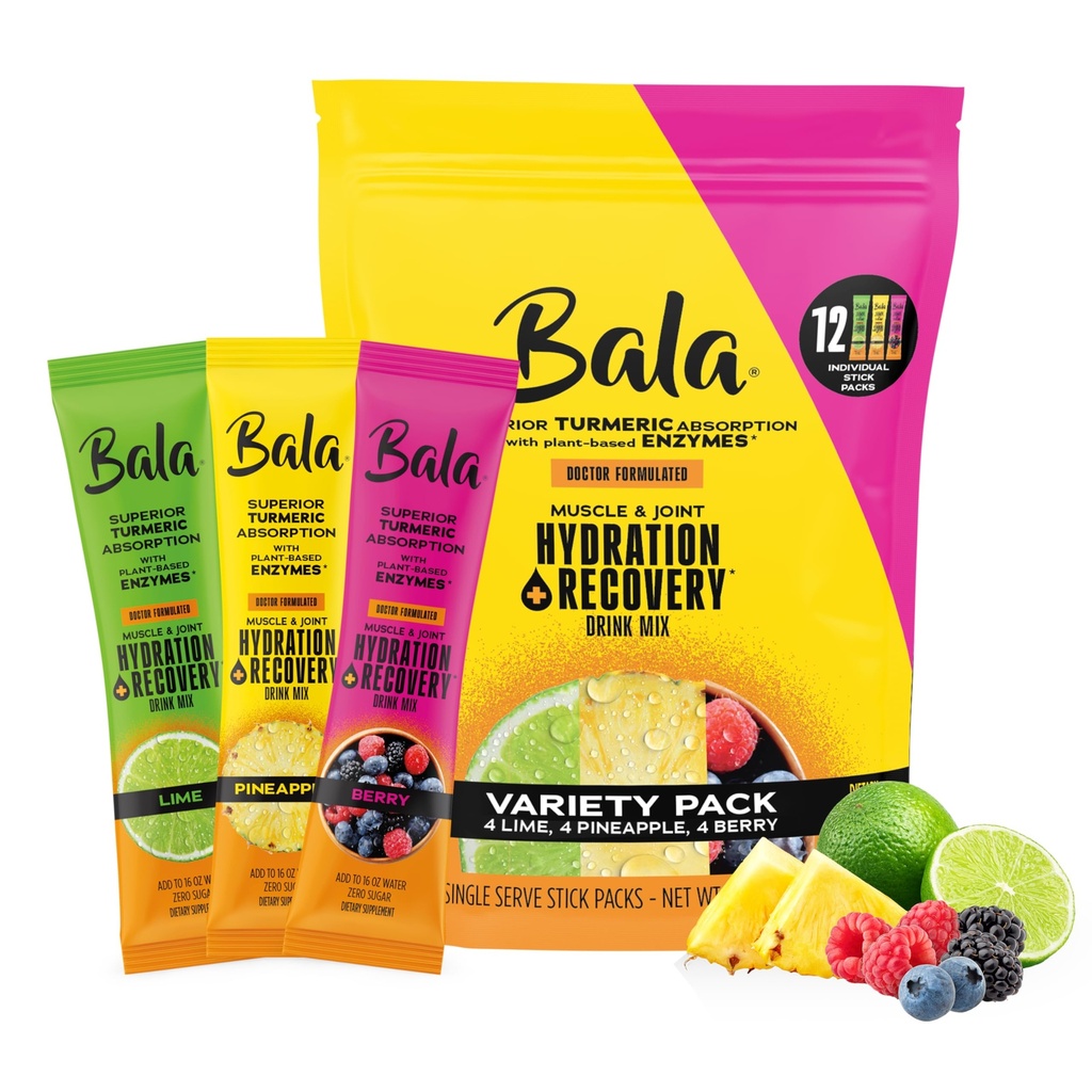 Bala Enzyme Hydration & Sugar-Free Drink Mix - Κουρκουμάς, Bromelain, Papain - Ανοσία, Κινητικότητα - Ποικιλία Pack 0.25oz (12 Count)