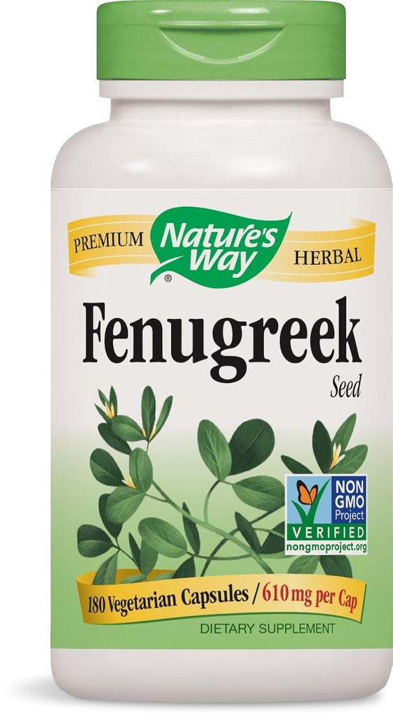 Natures Way Σπόροι fenugreek, 610 χιλιοστόγραμμα ανά καπελάκι, 180 κάψουλες χορτοφάγων. Συσκευασία των 4 φιαλών.