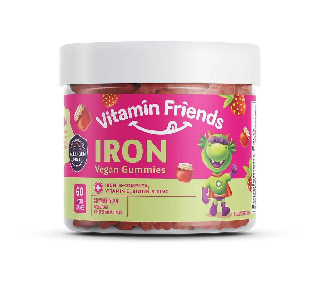 Vitamin Friends - Vegan Multivitamin & Iron for Kids - Καθημερινή διατροφική υποστήριξη Gummies w/Ferrous Fumarate B-Complex, βιταμίνη C, ψευδάργυρος, βιοτίνη - λειτουργία σώματος & αναιμία - μαρμελάδα φράουλα (60 ημέρα προμήθεια)