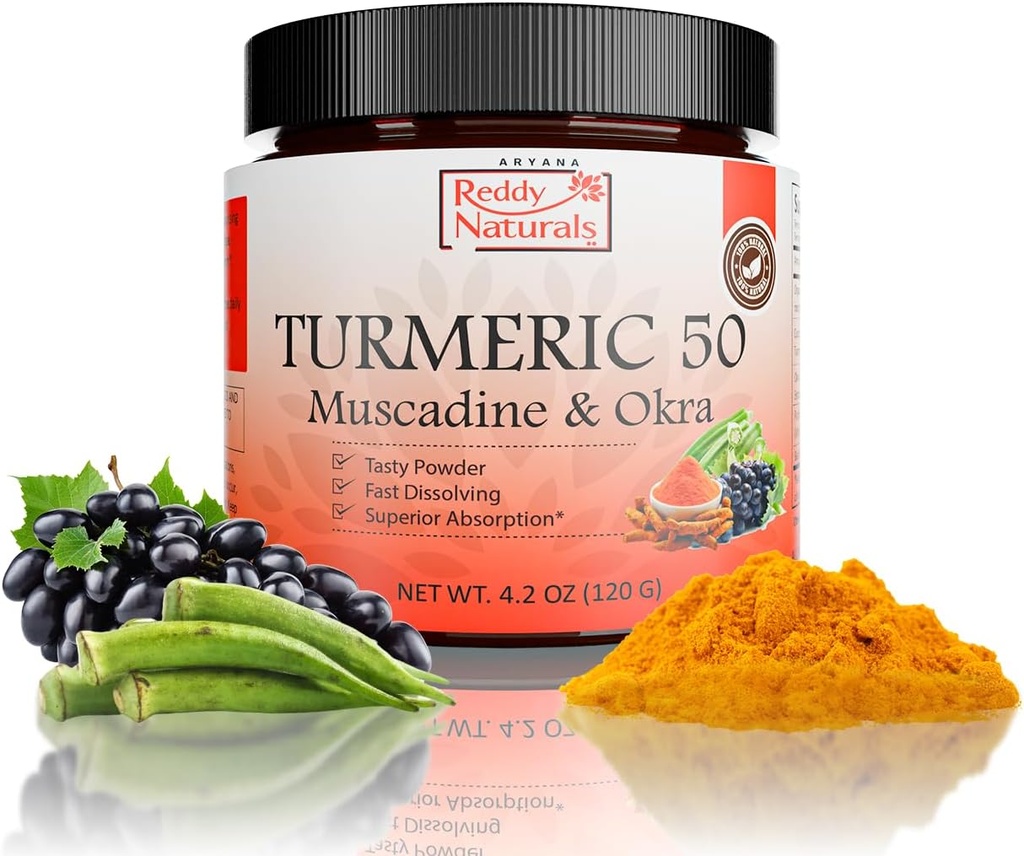 Reddy Naturals Aryana Turmeric 50 – Βιολογικό συμπλήρωμα κουρκουμά σκόνη με Muscadine Grape & Okra – Fast-Dissolving, Plant-based Formula για την καθημερινή ευεξία – 30 εξυπηρετήσεις