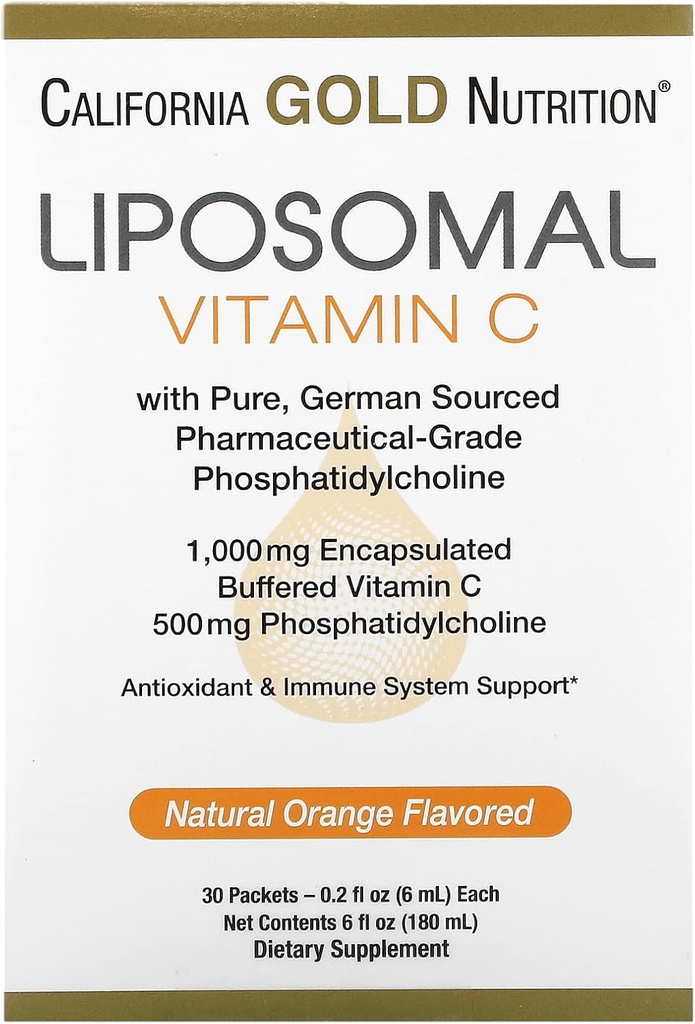 Liposomal Vitamin C by California Gold Nutrition - Υγρό συμπλήρωμα για αντιοξειδωτικό & ανοσοποιητική υποστήριξη - Vegan Friendly - Χωρίς γλουτένη, Μη ΓΤΟ - 1.000 mg - 30 συσκευασίες - Φυσικό άρωμα πορτοκαλιού