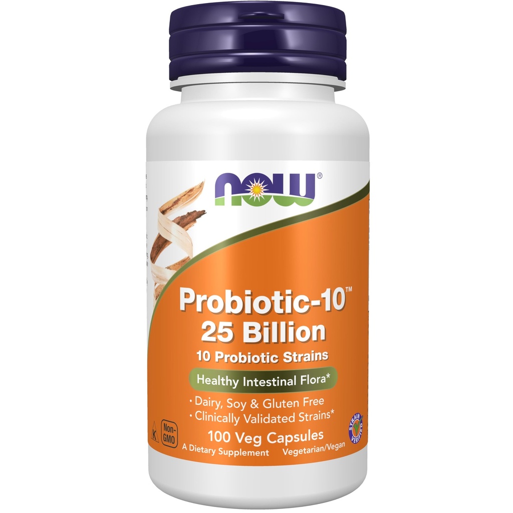NOW Συμπληρώματα τροφίμων, Probiotic-10TM, 25 δισεκατομμύρια, με 10 Probiotic Strains, Γαλακτοκομικά, Σόγια και Χωρίς Γλουτένη, Strain Επαληθευμένο, 100 Veg Κάψουλες