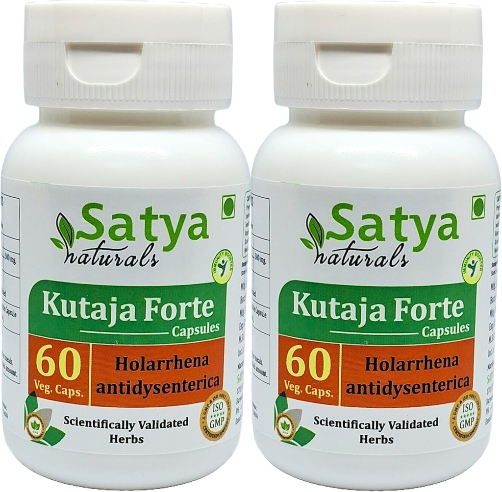 Kutaja Forte Capsules 500 mg. 60 Veg. Capsule | Kutaja (Holarrhena Antidysenterica) Extract Capsules for Men and women | Ayurvedic Herbal Supplement/Remedies | 10:1 Forte (2 Bottles of 60 Capsules)
