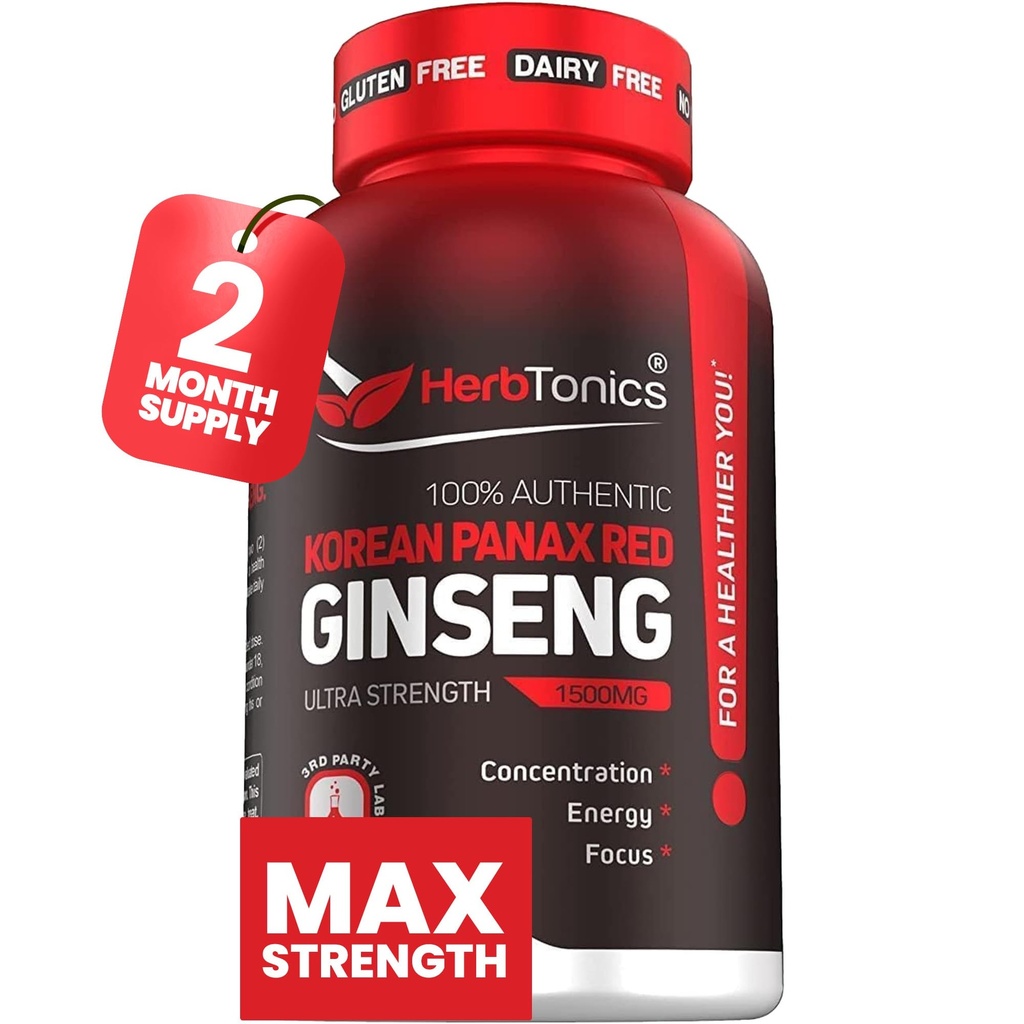 Herbtonics Korean Red Panax Ginseng 1500mg - Συμπλήρωμα ενέργειας για την κορυφαία απόδοση, εστίαση & ζωτικότητα - High Potency Ginseng Root Extract - 120 κάψουλες Vegan