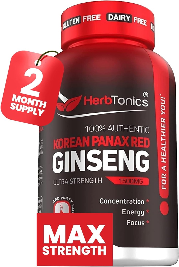 Herbtonics Korean Red Panax Ginseng 1500mg - Συμπλήρωμα ενέργειας για την κορυφαία απόδοση, εστίαση & ζωτικότητα - High Potency Ginseng Root Extract - 120 κάψουλες Vegan