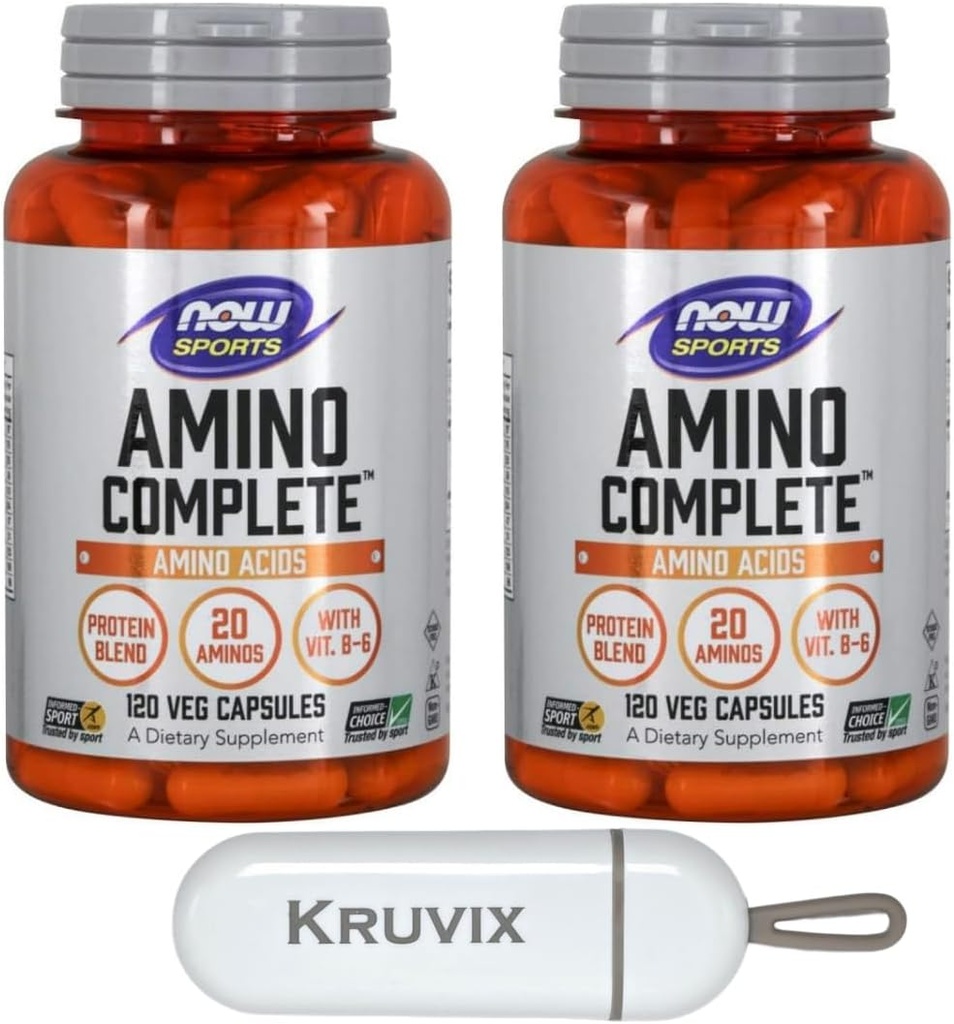 NOW Foods Sports Nutrition, Amino Complete™ | Protein Blend with 21 Aminos and B-6 | 120 Veg Capsules - Pack of 2 with Pill Organizer
