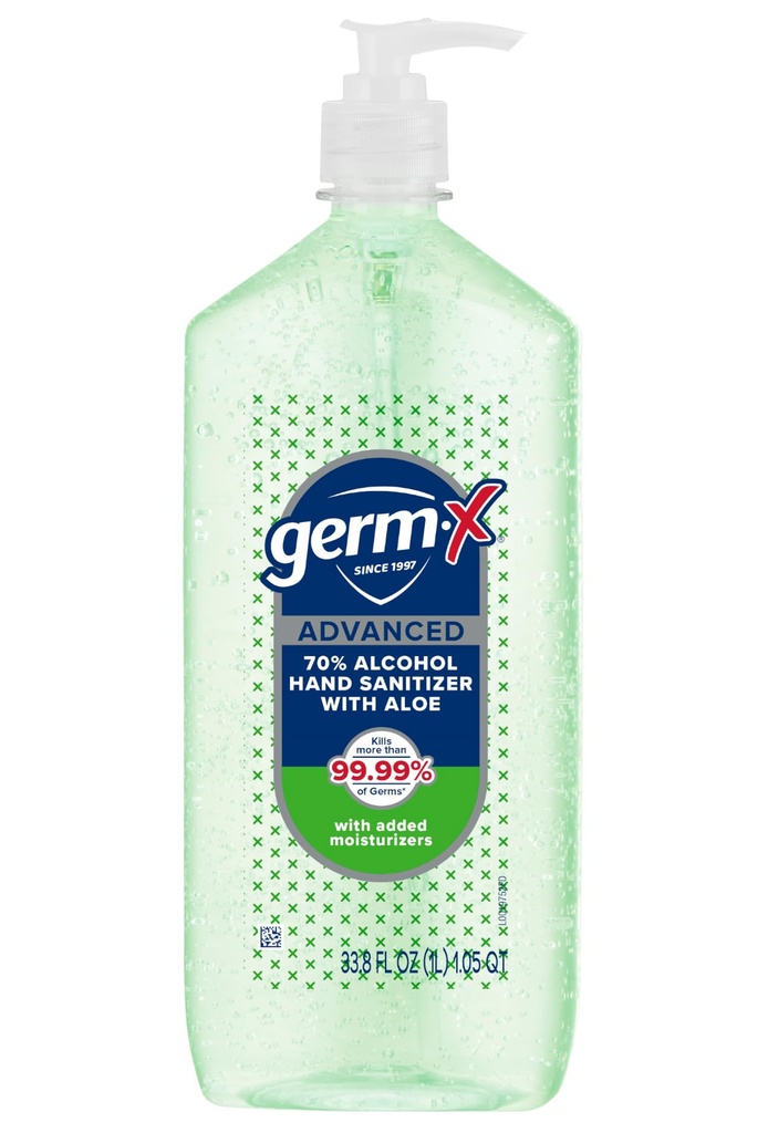 Germ-X Advanced Καθαριστικό χεριών με Αλόη και Βιταμίνη Ε, Μη αποξηρατικό Ενυδατικό Gel, Στιγμιαία και Χωρίς Ξεπλύνετε Φόρμουλα, Αντλία Μπουκάλι, Επιστροφή στο σχολείο Προμήθειες, 1 Liter