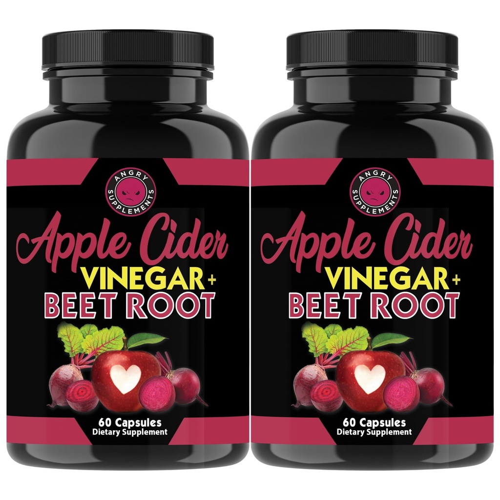 Angry Συμπληρώματα Apple Cider Ξίδι + Κάψουλες σκόνη ρίζας τεύτλων, καθαρό ACV Beetroot 1000mg ανά υπηρεσία, Nitric Oxide Booster & Digestive Υγεία για άνδρες και γυναίκες 60ct, 2 Pack (120ct Σύνολο)