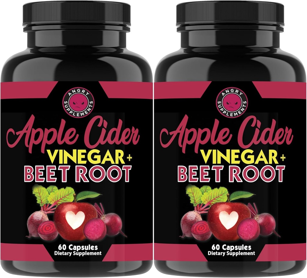 Angry Supplements Apple Cider Vinegar + Beet Root Powder Capsules, Pure ACV Beetroot 1000mg per Serving, Nitric Oxide Booster & Digestive Health for Men and Women 60ct, 2 Pack (120ct Total)